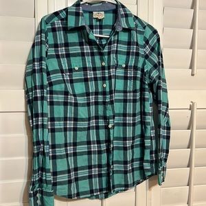 St John’s Bay Women’s Top Blouse Shirt Button Down Size Medium Blue/Green Print